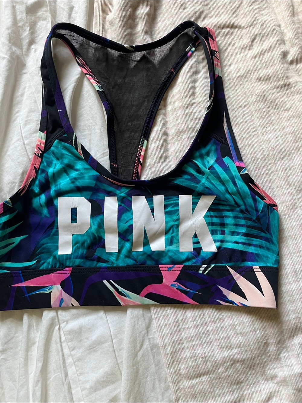 PINK Victoria's Secret Tropical Teal & Pink Racerback Sports Bra